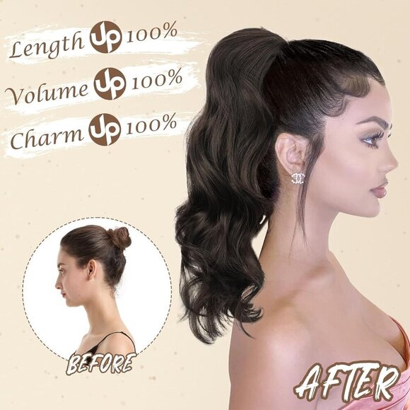 Drawstring Ponytail Extension 16 Inch Synthetic Black Wavy Hair for Women